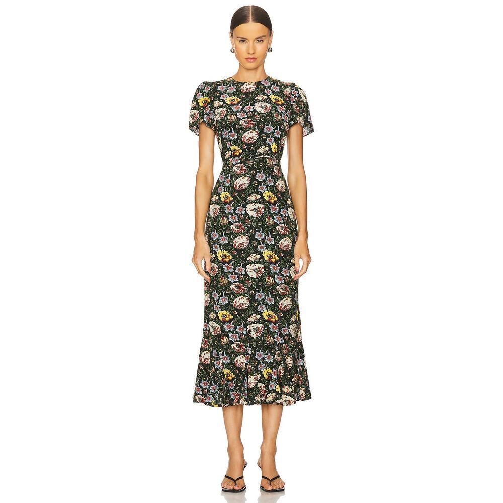 Rhode Lulani Dress Floral Print Short Sleeve Midi A-Line Blossoming Canopy 6